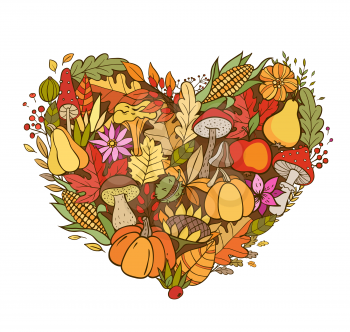 Hand drawn vector doodle heart shaped autumn background. Seasonal fall banner with pumpkins, leaves and ripe fruits.