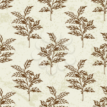 Vintage winter seamless pattern with holly branches. Decorative background for Christmas and new year. Hand drawn vector pattern.  