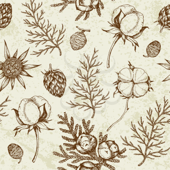 Vintage winter seamless pattern with evergreen plants and cotton flowers. Decorative background for Christmas and new year. Hand drawn vector pattern.