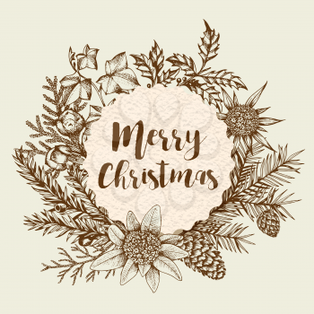 Vintage Christmas greeting card with evergreen plants and flowers. Decorative background for Christmas and new year. Hand drawn vector illustration.