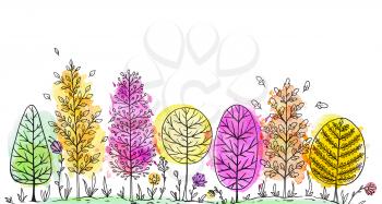 Autumn natural landscape with colorful watercolor trees on a white background. Hand drawn vector illustration.