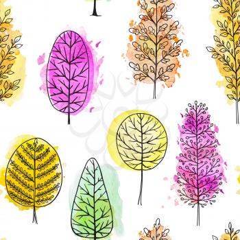 Autumn seamless pattern with red and orange watercolor trees on a white background. Hand drawn vector illustration