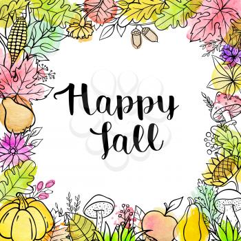 Hand drawn vector doodle autumn background with pumpkins, fruits, leaves and mushrooms. Seasonal floral frame with watercolor texture