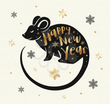 Cute rat symbol of Chinese zodiac for new year. Black silhouette of rat, golden snowflakes and lettering. Vector illustration