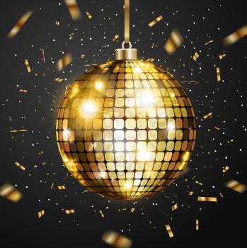 Christmas greeting card with golden glittering confetti and golden ball on a black background. Vector illustration.