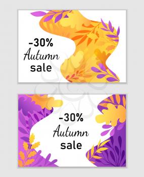Abstract autumn backgrounds for seasonal sale. Orange and violet fall labels with decorative branches and oak leaves. Vector illustration