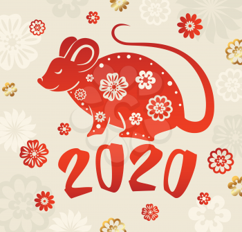 Cute rat symbol of Chinese zodiac for 2020 new year. Red silhouette of rat and flowers. Vector illustration