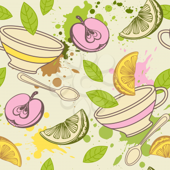 Vintage pattern with tea cup, green leaves and fruits. Hand drawn vector background