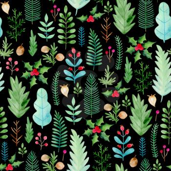 Watercolor floral seamless pattern with evergreen plants. Green leaves and fir branches on a black background