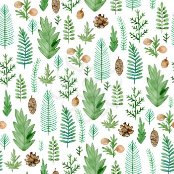 Watercolor floral seamless pattern with evergreen plants. Hand drawn winter nature background with pine cone, green leaves and fir branches