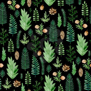 Watercolor floral seamless pattern with evergreen plants. Hand drawn black winter nature background with pine cone, green leaves and fir branches