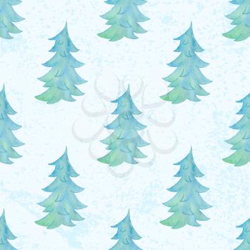Watercolor winter seamless pattern with green fir tree and snow on a white background. New year and Christmas design