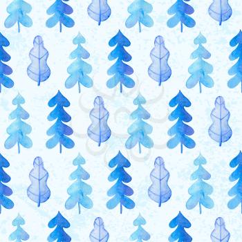 Watercolor winter seamless pattern with blue fir tree and snow on a white background. New year and Christmas design