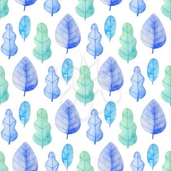 Watercolor floral seamless pattern with blue and green oak leaves. Hand drawn winter nature background