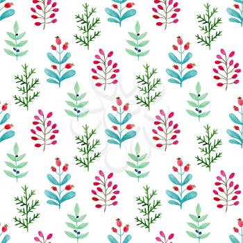 Watercolor floral seamless pattern with evergreen plants. Hand drawn winter nature background with green leaves and  red berries