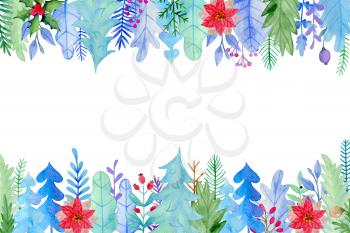 Watercolor Christmas and new year greeting card with flowers and leaves. Decorative winter hand drawn floral background