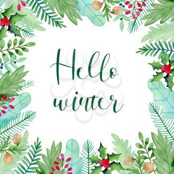 Watercolor Christmas and new year greeting card with evergreen plants, green branches and leaves. Decorative winter hand drawn floral frame