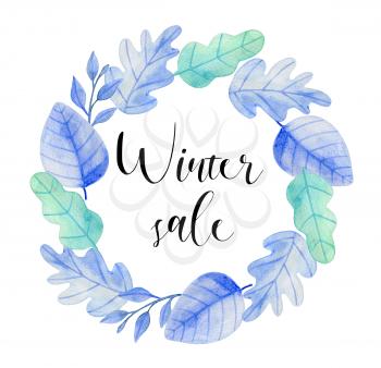 Watercolor winter hand drawn wreath of green and blue oak leaves on a white background. Design for seasonal winter sale