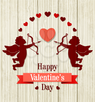 Romantic Valentine greeting card with silhouette of cupids and hearts on a wooden background. Vector illustration. 