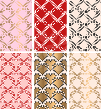 Set of romantic Valentine seamless patterns with hearts. Vector backgrounds