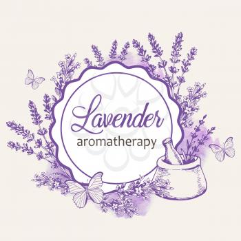 Vintage round floral frame with lavender flowers and butterflies. Spa and aromatherapy ingredients. Hand drawn vector background.