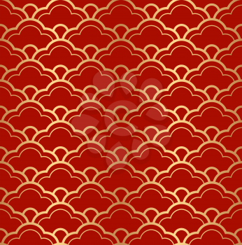 Decorative abstract golden seamless pattern on a red background. Traditional oriental ornament. Vector illustration.