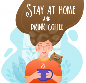 Girl drinking a coffee at home by the window in quarantine. Stay at home concept. Self-isolation during the coronavirus epidemic. Vector illustration.