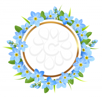 Decorative golden round frame with blue flowers. Spring floral background for seasonal sale. Vector illustration.