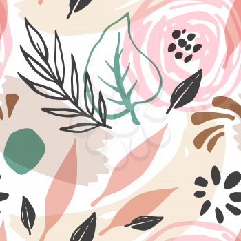 Abstract seasonal seamless pattern with flowers and leaves. Vector background
