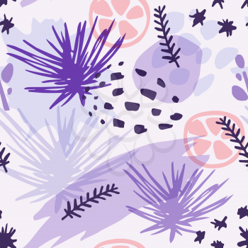 Abstract violet winter seamless pattern witn pine branch and citrus fruit. Decorative seasonal vector background