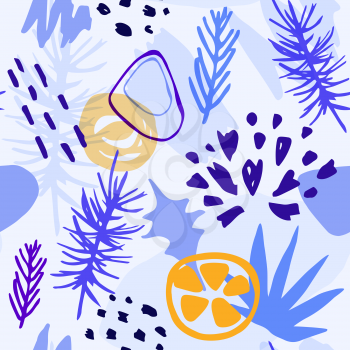 Abstract blue winter seamless pattern witn pine branch and citrus fruit. Decorative seasonal vector background
