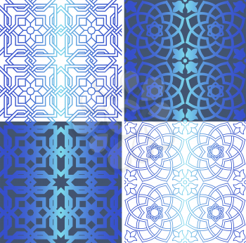 Set of traditional oriental geometrical seamless patterns.  Decorative blue backgrounds. Vector illustration.