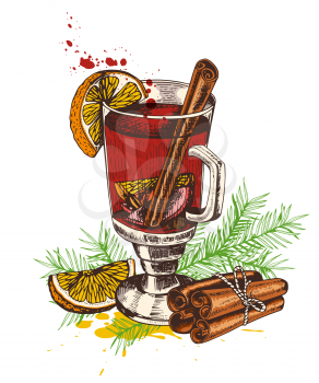 Vintage vector hand drawn mulled wine and spices on a white background. Traditional Christmas food and drink.