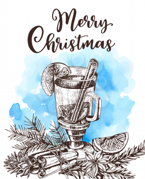 Vintage vector hand drawn mulled wine and spices on a blue watercolor background. Traditional Christmas food and drink.