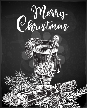 Vintage vector chalk drawing mulled wine and spices on a black background. Traditional Christmas food and drink.