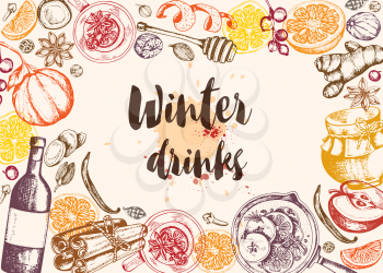 Vintage vector hand drawn background with mulled wine and spices. Traditional Christmas food and drink.