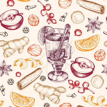 Vintage hand drawn seamless pattern with mulled wine and spices. Traditional Christmas food and drink. Vector background.