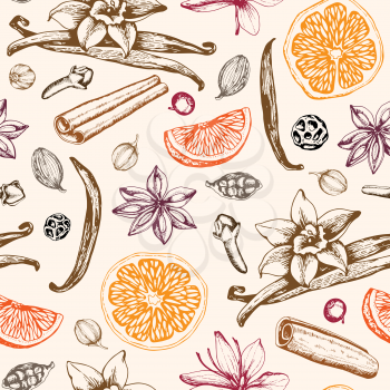 Vintage hand drawn seamless pattern with ingredients ans spices for mulled wine. Traditional Christmas food and drink. Vector background.
