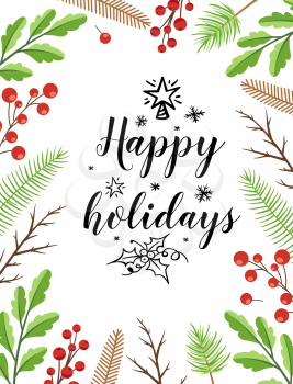 Decorative festive Christmas greeting card with evergreen plants and lettering on a white background. Christmas and New year design.