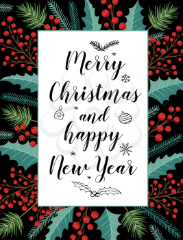 Decorative floral Christmas greeting card with evergreen plants and lettering on a black background. Christmas and New year design.