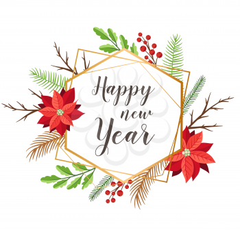 Decorative vector Christmas floral frame with evergreen plants, flowers and leaves. Design for new year and Christmas greeting card.