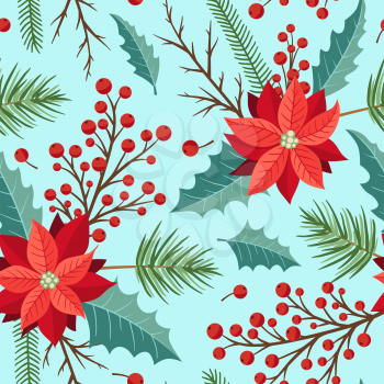 Decorative vector floral seamles pattern with winter evergreen plants. New year and Christmas design.