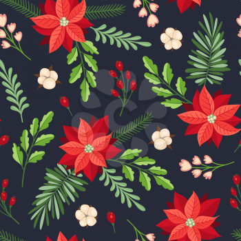 Decorative vector floral seamles pattern with winter evergreen plants on a black background. New year and Christmas design.