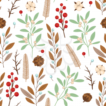 Decorative vector floral seamles pattern with winter evergreen plants on a white background. New year and Christmas design.