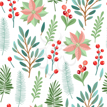 Decorative floral seamles pattern with winter evergreen plants. New year and Christmas design. Vector background