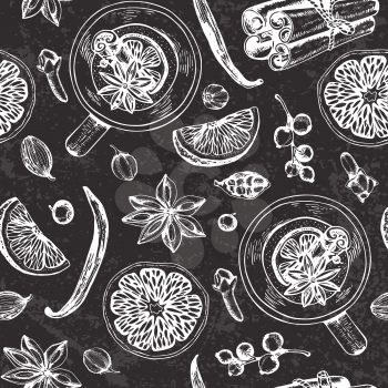 Vintage vector chalk drawing seamless pattern with mulled wine and spices. Traditional Christmas food and drink. Festive background.