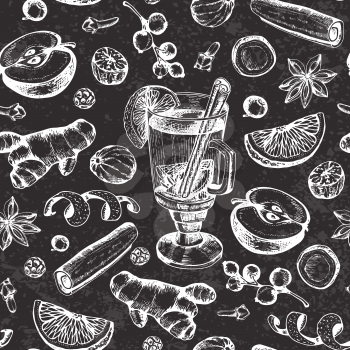 Vintage vector chalk drawing seamless pattern with mulled wine and spices. Traditional Christmas food and drink. Decorative hand drawn festive background.