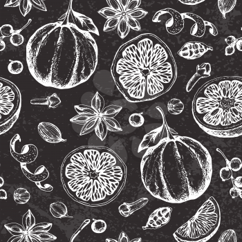 Vintage vector chalk drawing seamless pattern with ingredients and spices for mulled wine. Traditional Christmas food and drink. Decorative hand drawn festive background.