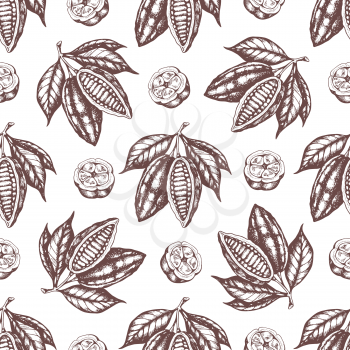 Vintage hand drawn seamless pattern with cocoa beans and cocoa plants on a white background. Vector illustration