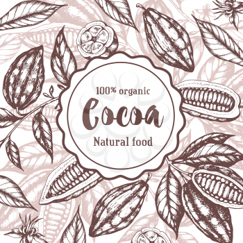 Vintage hand drawn frame with cocoa beans and plants on a white background. Vector illustration